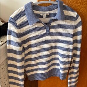 American Eagle Outfitters Blue and White Striped Polo Sweater